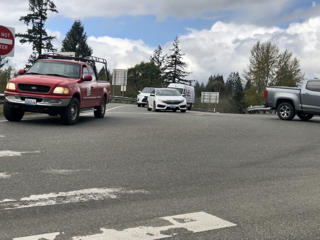 Traffic from the Highway 16 off-ramp pulling onto Wollochet Drive.