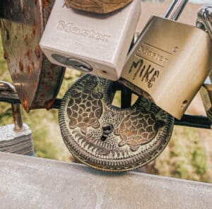 This is an image of a round padlock with turtles on it