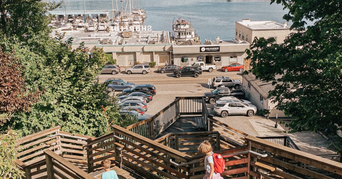 This is a photo of wooden stairs overlooking a harbor