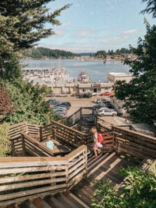 This is a photo of wooden stairs overlooking a harbor