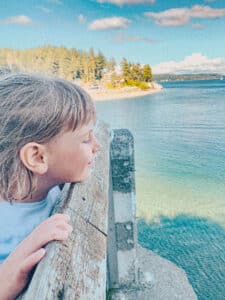 This is a photo of a little girl's face as she looks over a wooden railing out toward the blue and green water.
