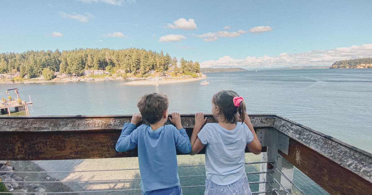 This is a photo of two kids posing behind a wooden railing above the water.