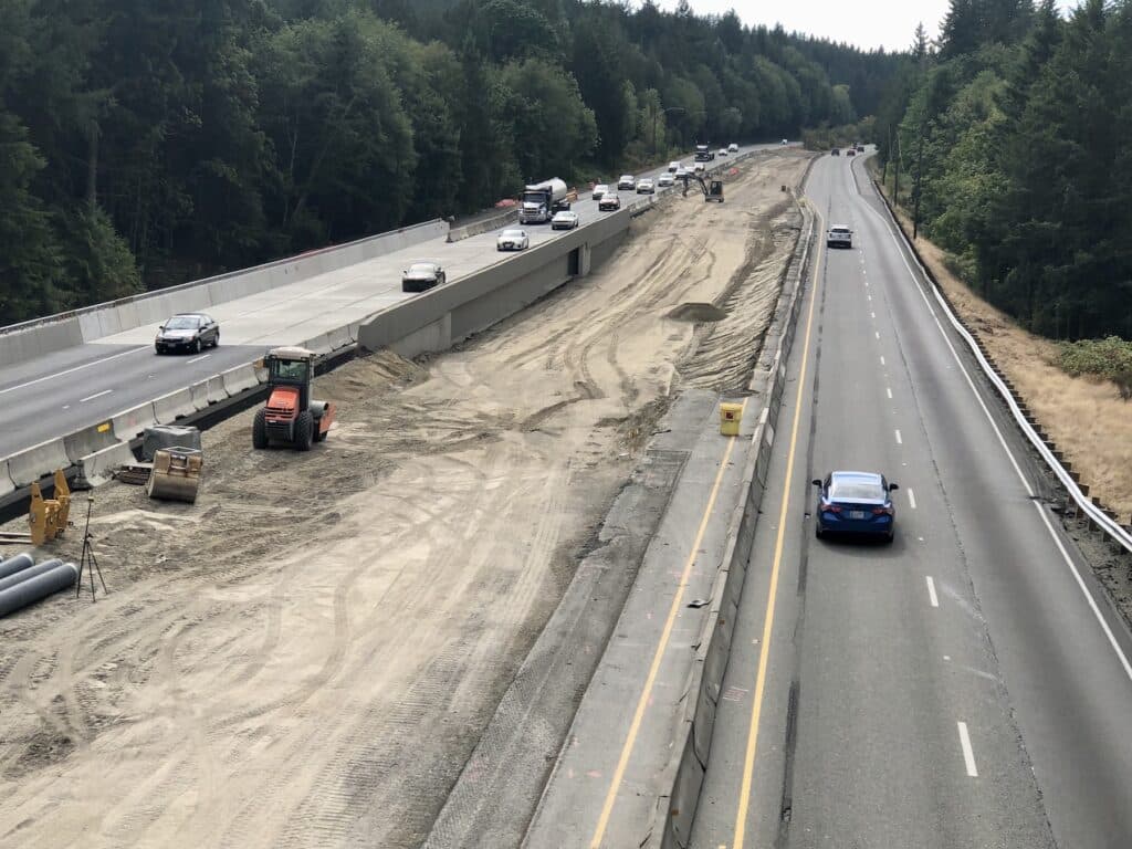 Crews working in the median of Highway 16 where eastbound traffic will be directed.