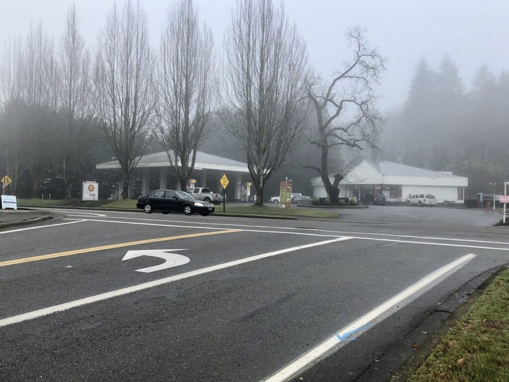 Wagner Way looking across at the Shell gas station. Several accidents have occurred here.