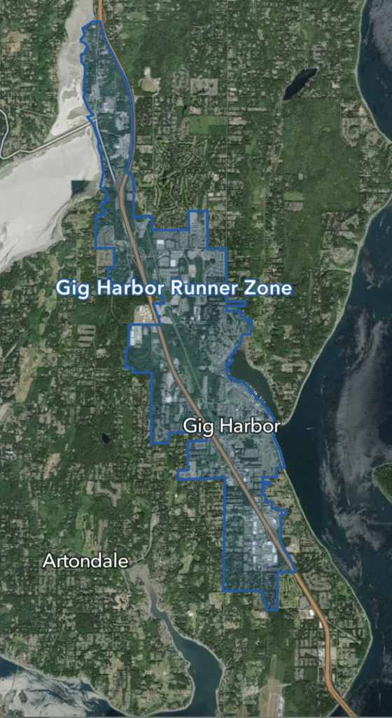 Map of Pierce Transit Runner's Gig Harbor zone