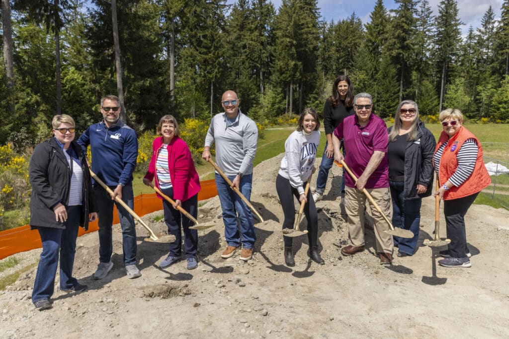 From left, former Gig Harbor Mayor Traci Markley, City Councilman Reid Ekberg, Mayor Mary Barber, Councilman Seth Storset, Councilwoman Em Stone, State Sen. Deb Krishnadasan, Councilman Le Rodenberg, City Administrator Katrina Knutson and Councilwoman Jeni Woock break ground.