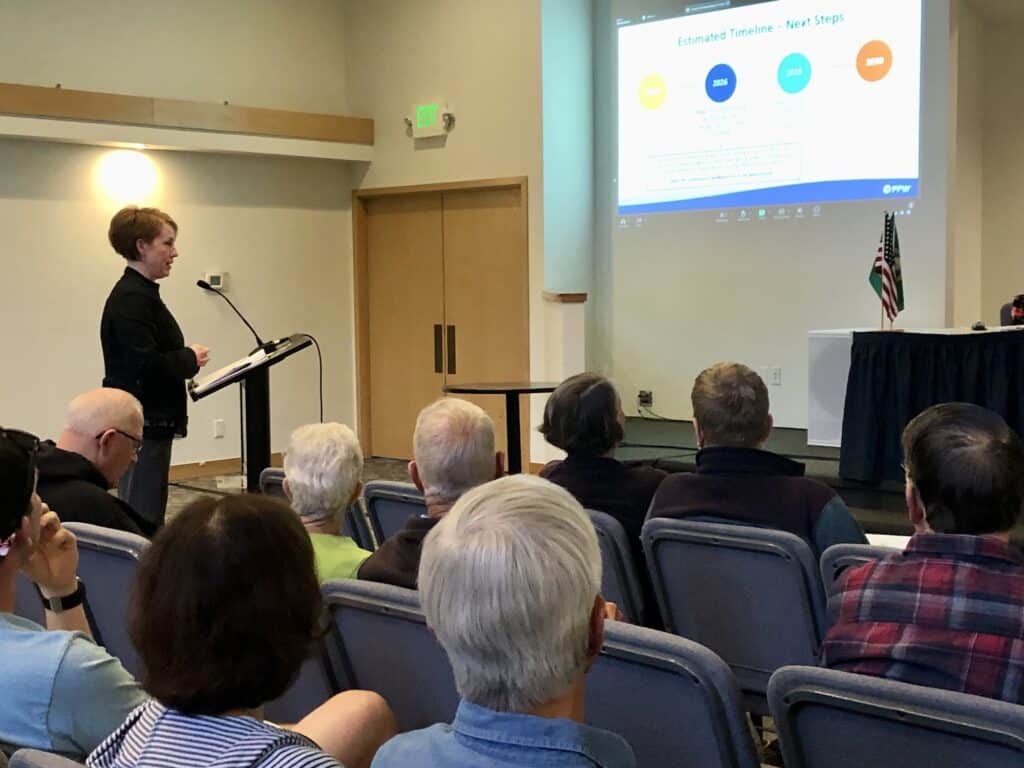 County Engineer Letticia Neal provides information about a new Fox Island bridge.
