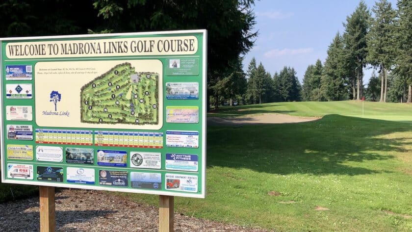 Madrona Links layout sign with sponsors.