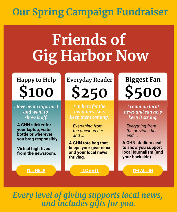 Graphic promoting the Friends of Gig Harbor Now Spring Campaign fundraiser. The image features three donation giving levels with newsroom merch as thank-you gifts. The first tier, ‘Happy to Help,’ is a $100 donation that includes a GHN sticker and virtual high fives from the newsroom. The second tier, ‘Everyday Reader,’ is a $250 donation that includes previous-tier gifts plus a GHN tote bag. The third tier, ‘Biggest Fan,’ is a $500 donation that includes previous-tier gifts plus a GHN stadium seat cushion. Donation buttons at the bottom read ‘I’ll Help,’ ‘I Love It,’ and ‘I’m All In.’ The graphic concludes with the message: ‘Every level of giving supports local news, and includes gifts for you.